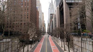 Nearly empty of cars and pedestrians at 42nd street in Manhattan due to the pandemic COVID-19, on March 22, 2020. Credit: Lev Radin Getty Images