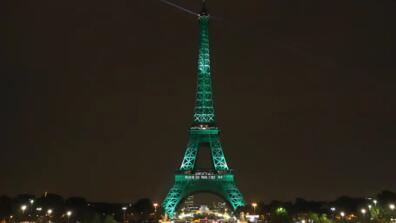 the eiffel tower lit up in green