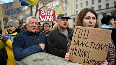 Ukrainians demonstrate in London, England, against the invasion of Ukraine and for sanctions against Russia, on February 24.