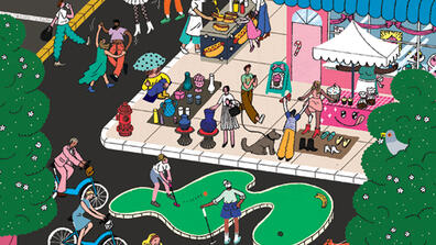 an illustration of a busy city street